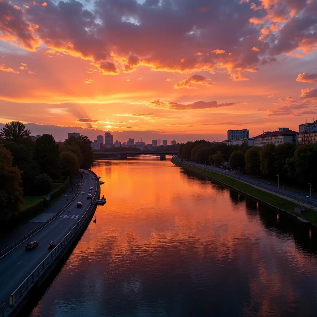 Sonnenuntergang an der Rheinpromenade in Leverkusen