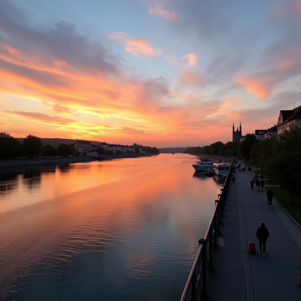 Sonnenuntergang an der Rheinpromenade in Leverkusen