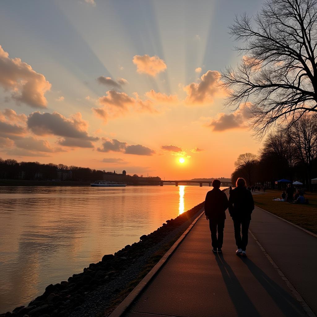 Sonnenuntergang an der Rheinpromenade in Leverkusen