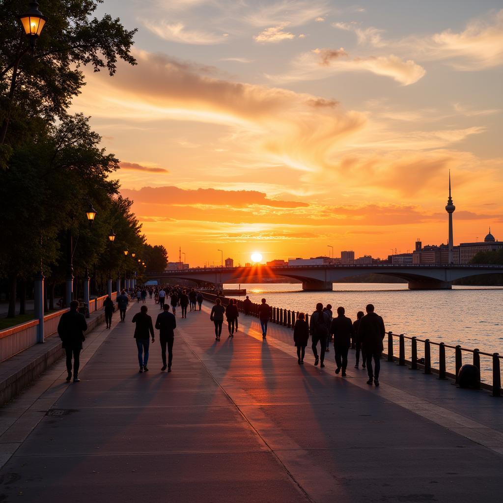 Spaziergänger auf der Rheinpromenade in Leverkusen bei Sonnenuntergang