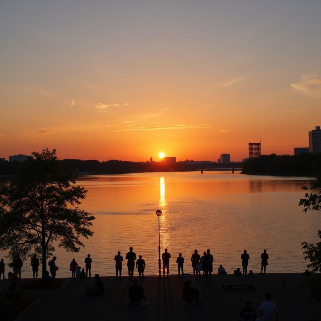 Rheinpromenade Leverkusen bei Sonnenuntergang