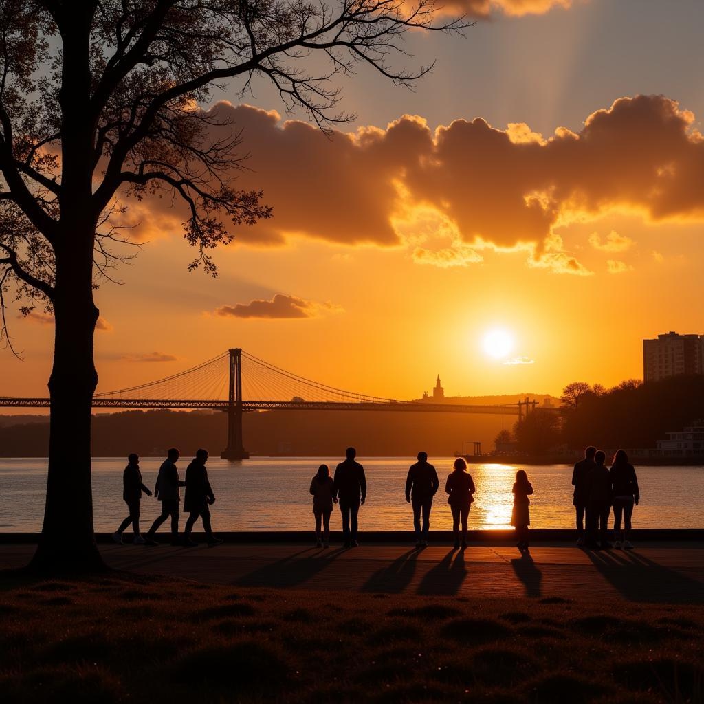 Spaziergänger genießen den Sonnenuntergang an der Rheinpromenade