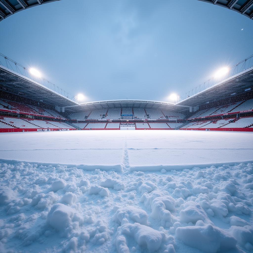 Verschneites Spielfeld in der BayArena