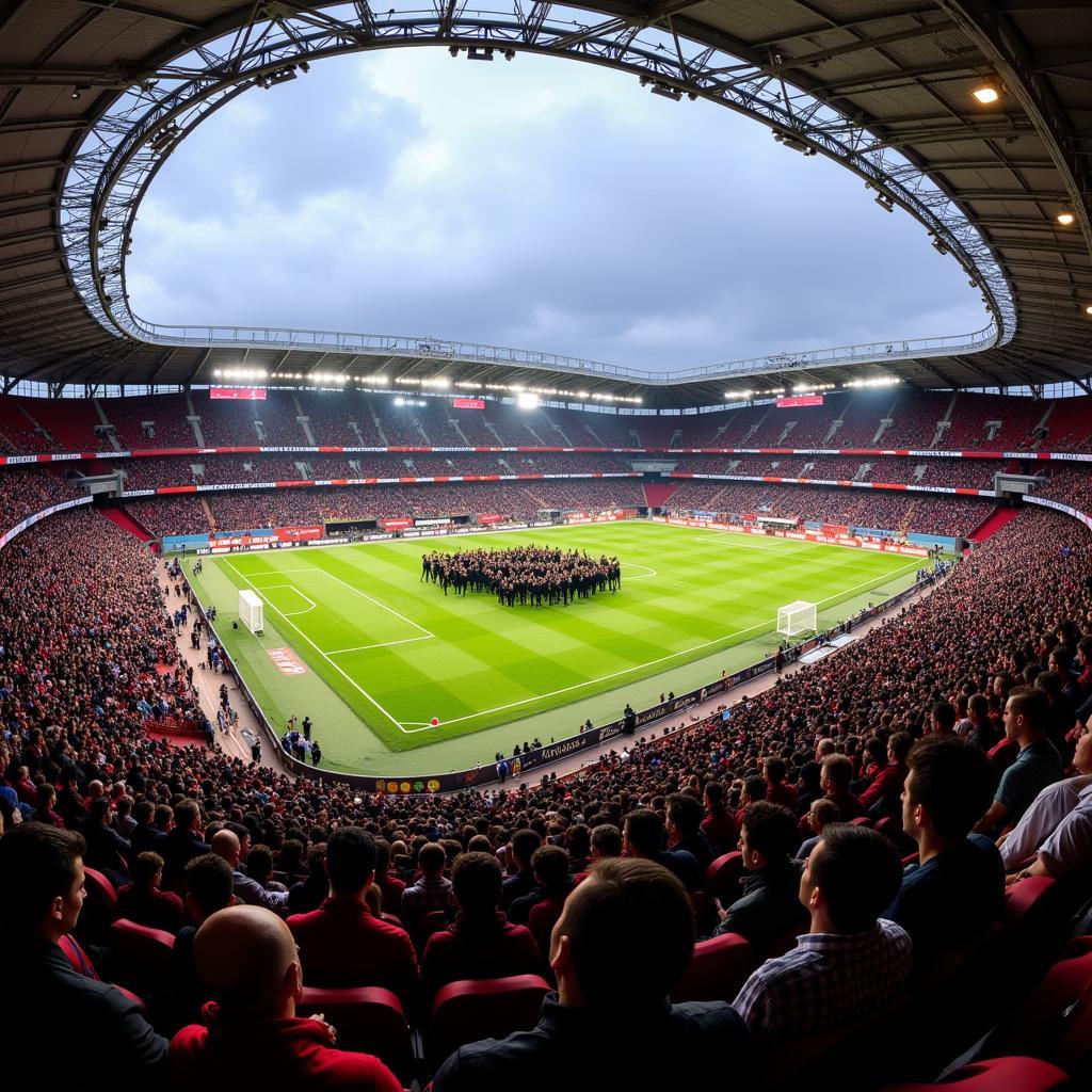 Panorama der BayArena mit Fan-Choreographie