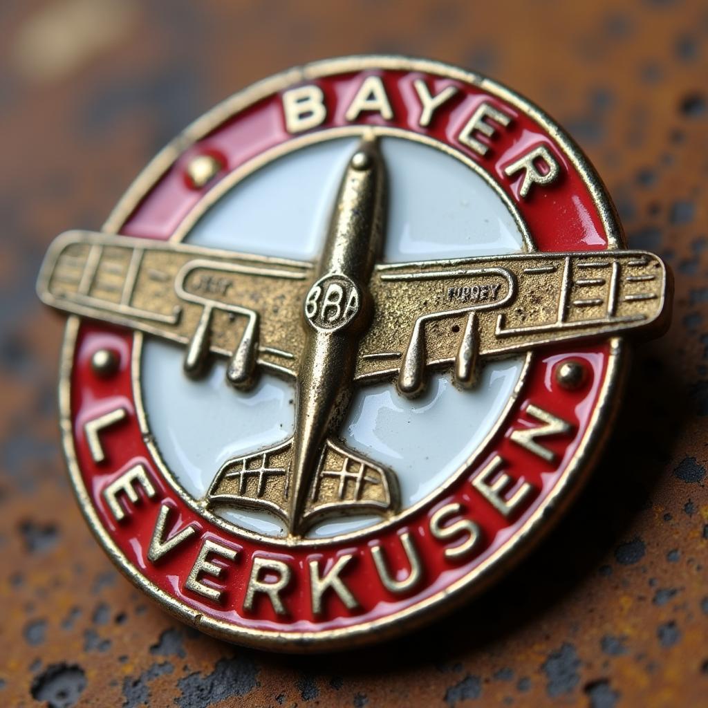 Eine Nahaufnahme einer seltenen Anstecknadel mit Segelflug-Motiv und dem Bayer Leverkusen Logo