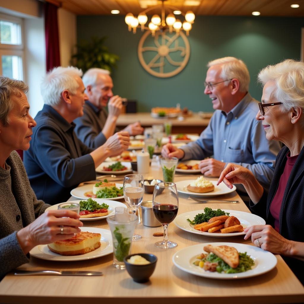 Senioren genießen ein gemeinsames Mittagessen im Senioren Tempelhof Leverkusen.