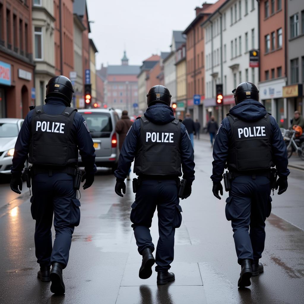 Polizisten patrouillieren nach dem Vorfall in Leverkusen zu Fuß in der Innenstadt.