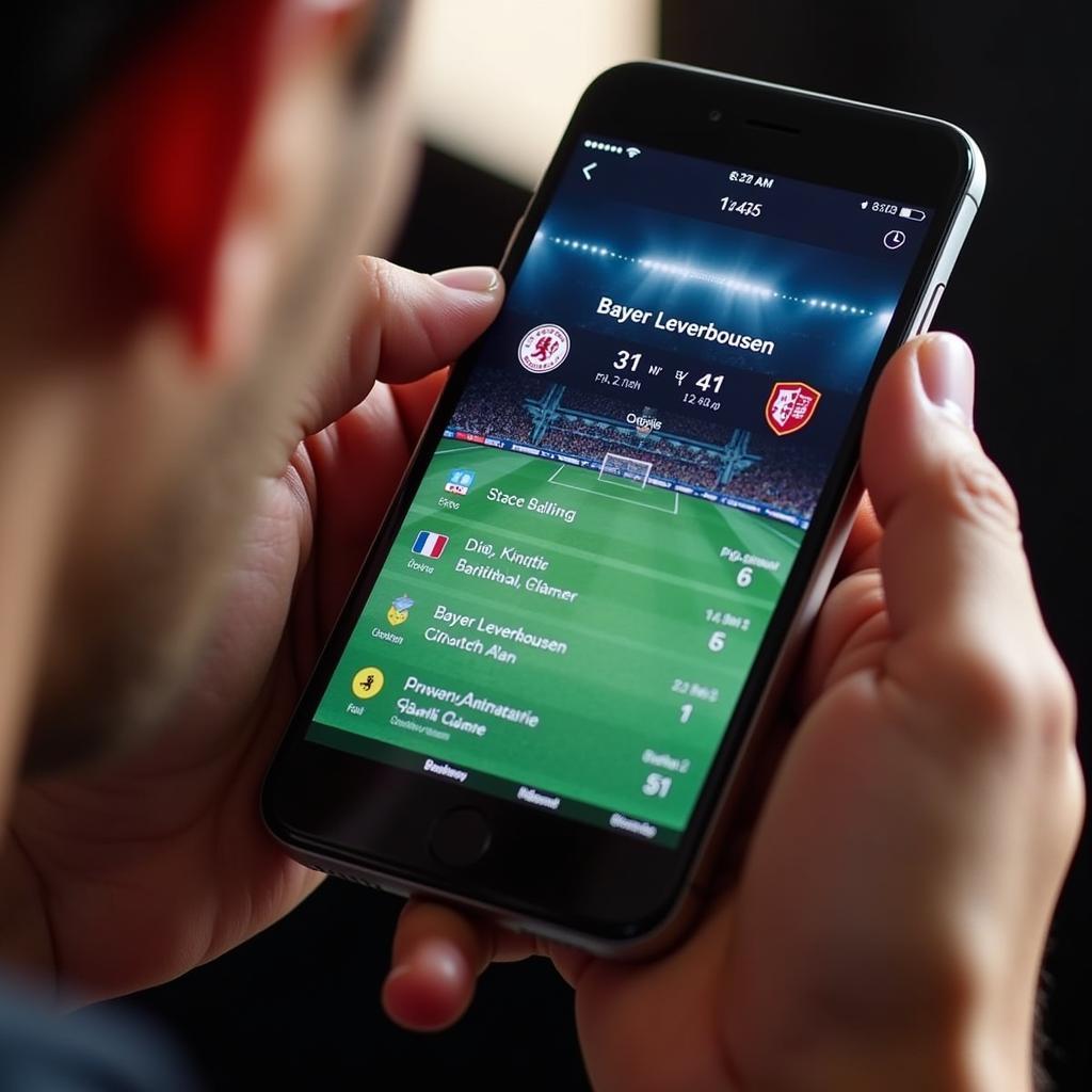 Ein Fußballfan verfolgt den Live-Ticker eines Bayer Leverkusen Spiels auf seinem Smartphone