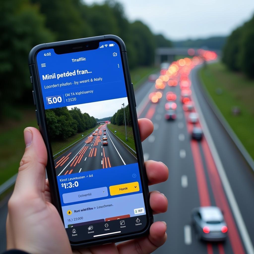 Smartphone zeigt aktuelle Verkehrslage auf der A4 Leverkusen-Aachen an