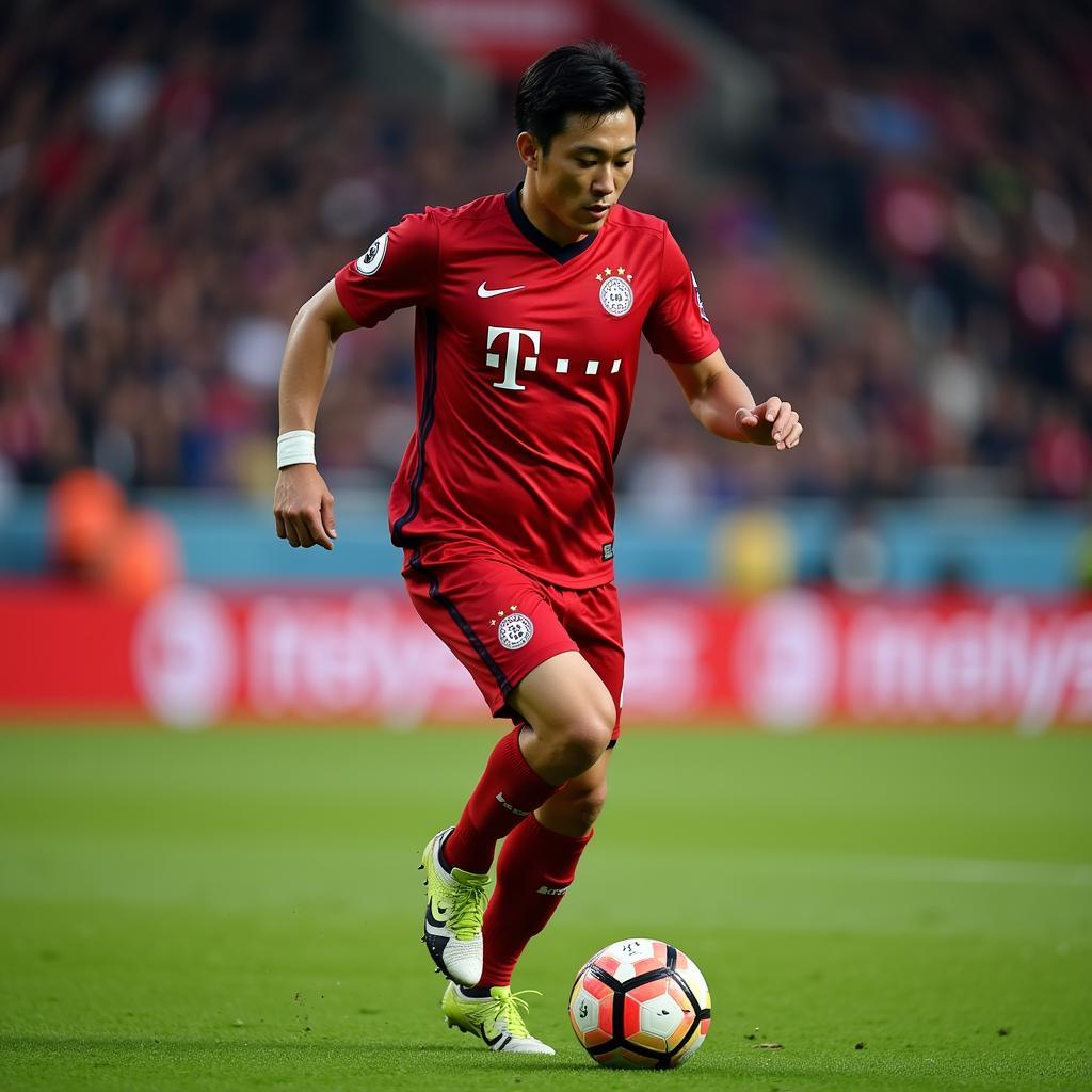 Son Heung-min im Trikot von Bayer 04 Leverkusen im Dribbling