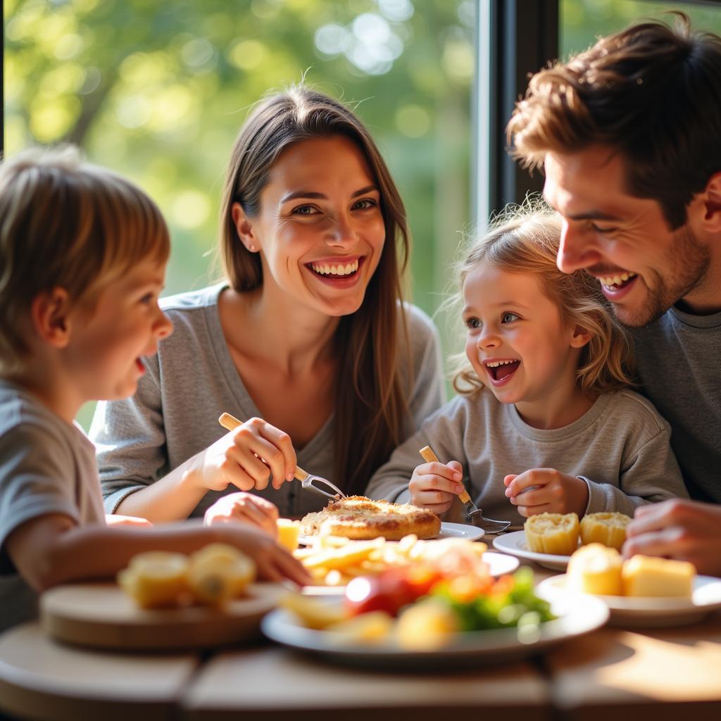 Familie genießt Sonntagsbrunch in Leverkusen