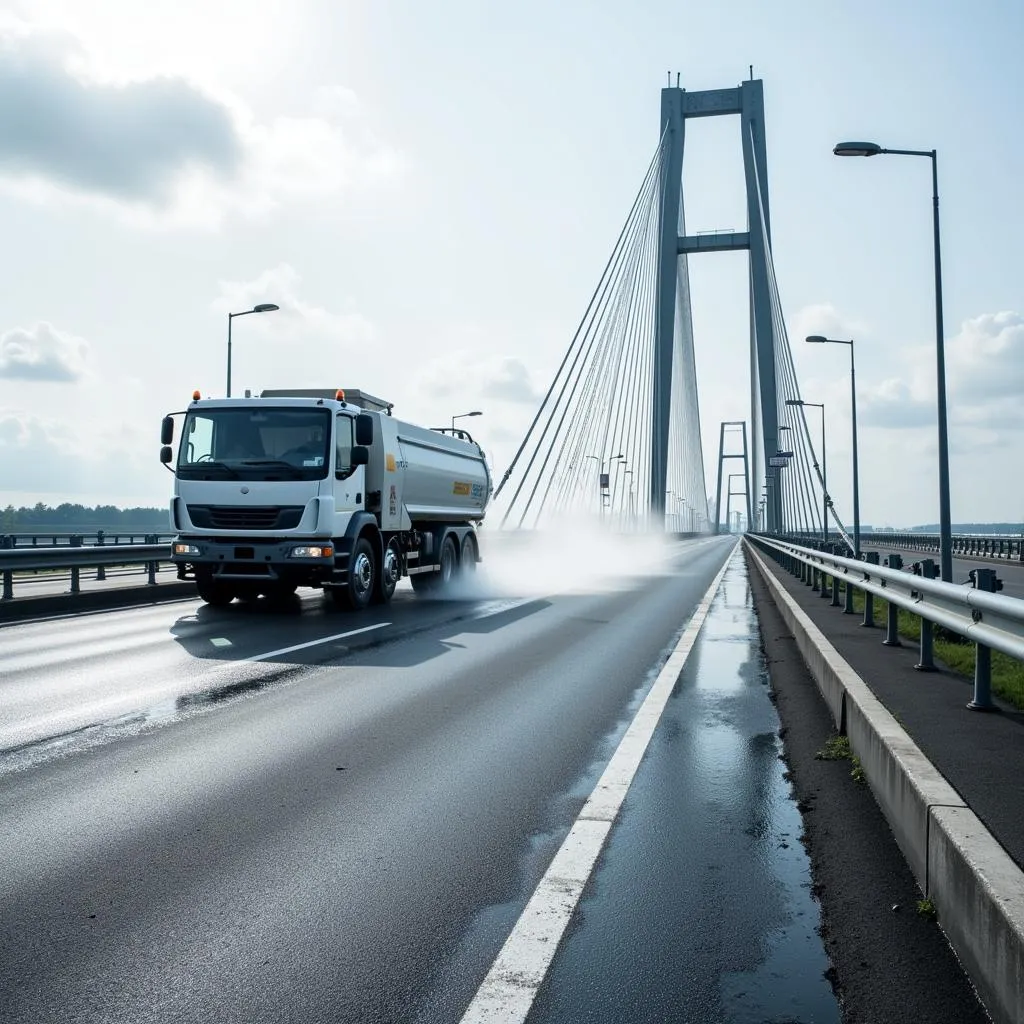 Ein Spezialfahrzeug reinigt die Fahrbahn der Leverkusener Rheinbrücke