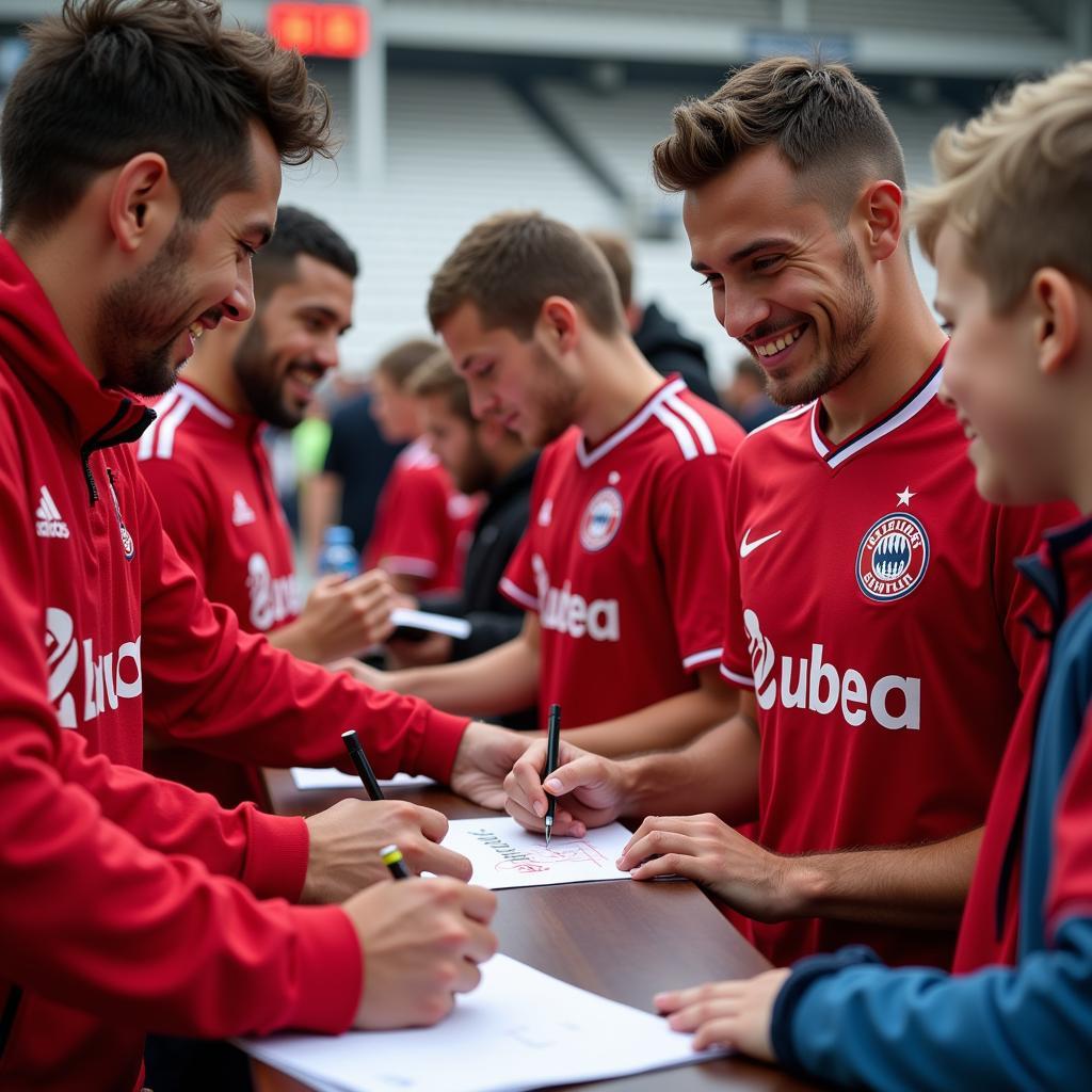 Spieler schreiben Autogramme für Fans in Leverkusen