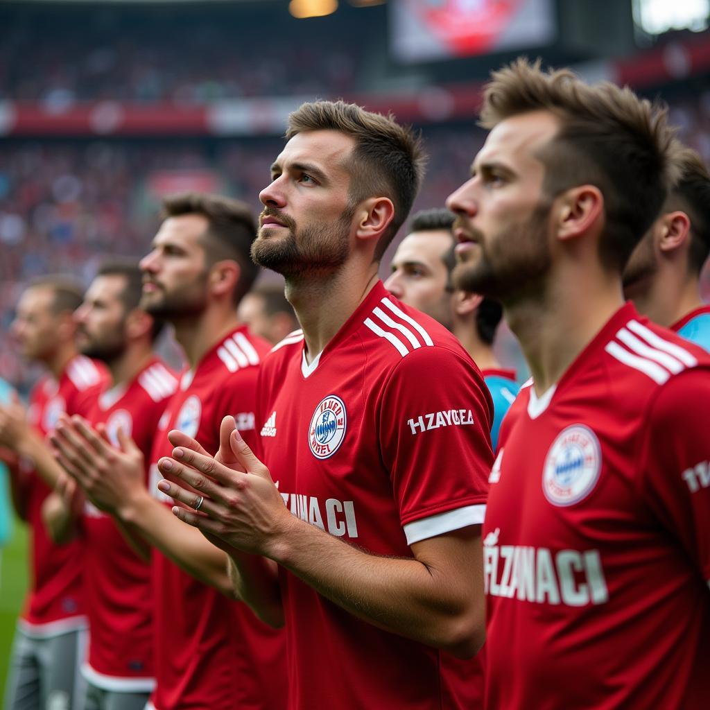 Die Spieler von Bayer Leverkusen bedanken sich bei den Fans am Akazieweg