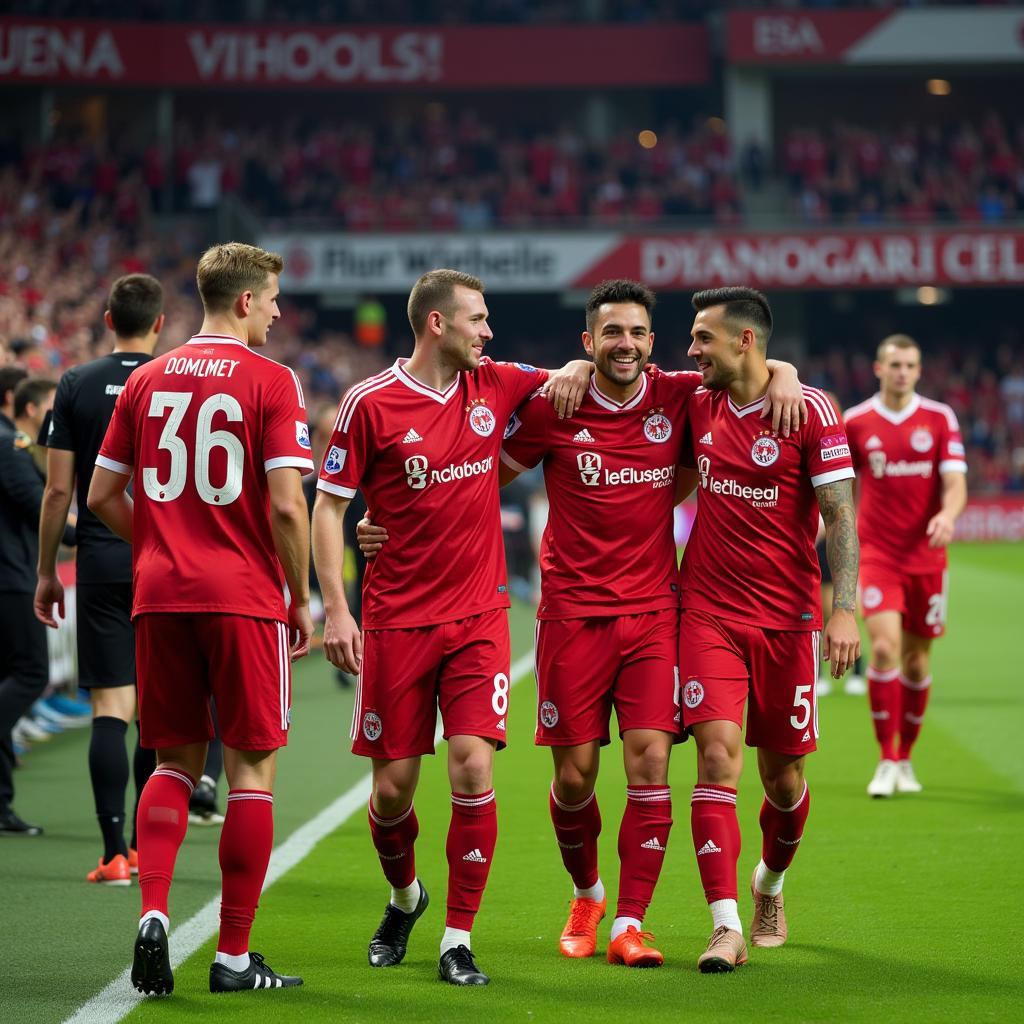 Spieler begrüßen Fans nach dem Spiel am Spielfeldrand