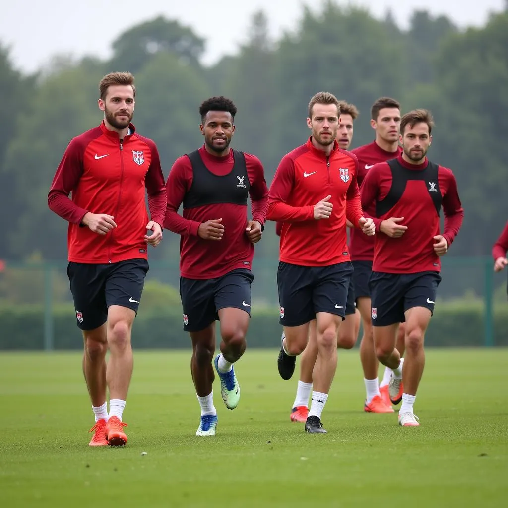 Bayer Leverkusen Spieler absolvieren einen 3x1000-m-Lauf auf dem Trainingsplatz.