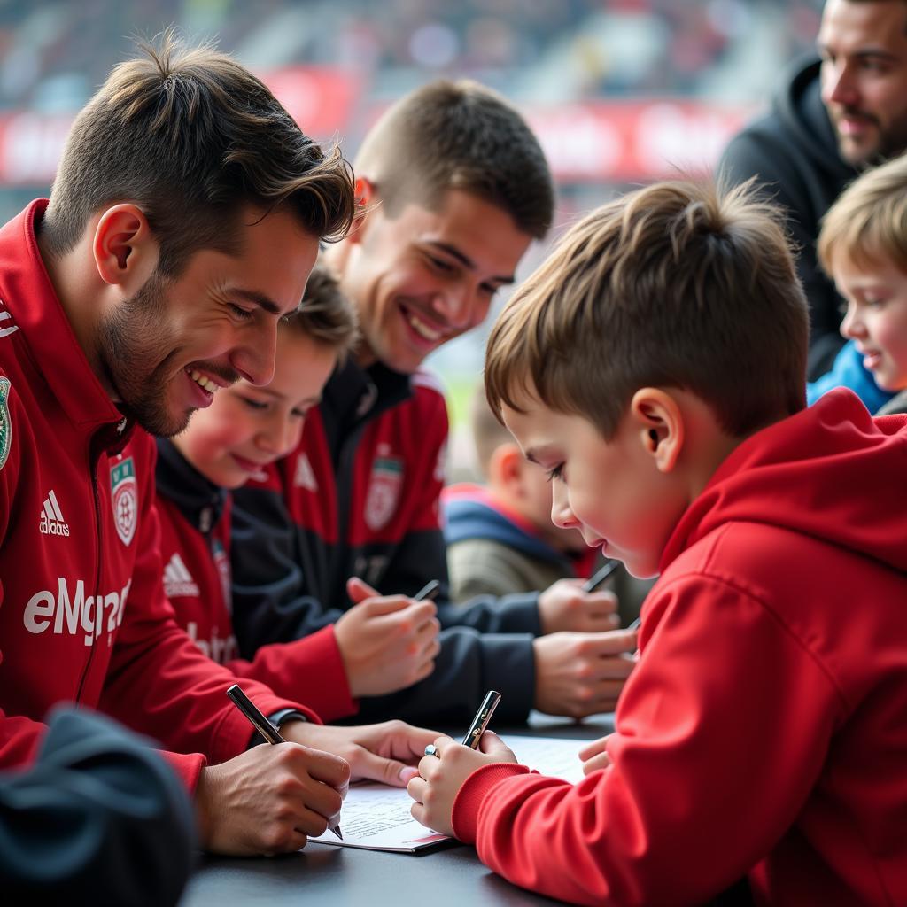 Spieler der Werkself geben Autogramme