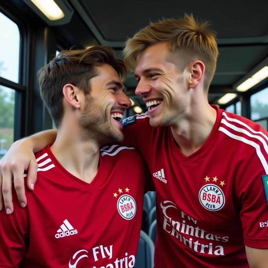 Spieler lachen und scherzen im Bus