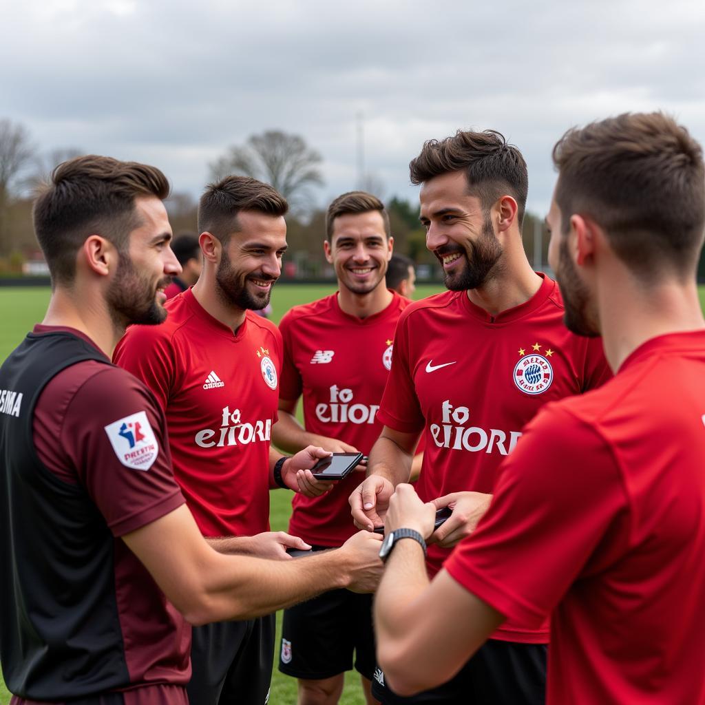 Spieler von Bayer 04 Leverkusen mit Fans