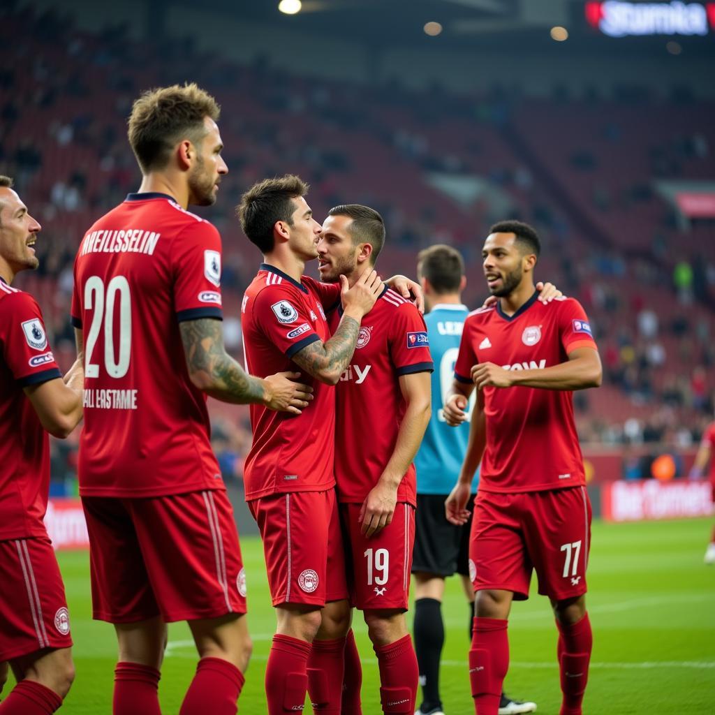 Spieler von Bayer Leverkusen begrüßen die Fans