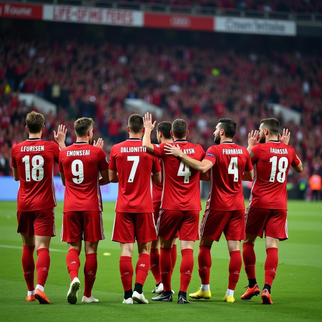 Spieler von Bayer Leverkusen bedanken sich nach dem Spiel bei den Fans