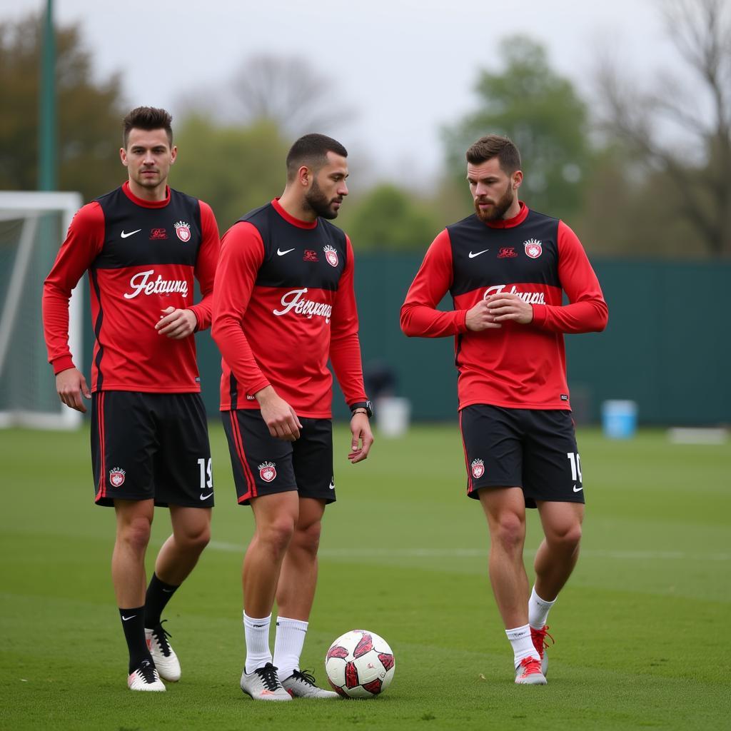 Spieler von Bayer 04 Leverkusen trainieren hart auf dem Platz am Büchelter Hof