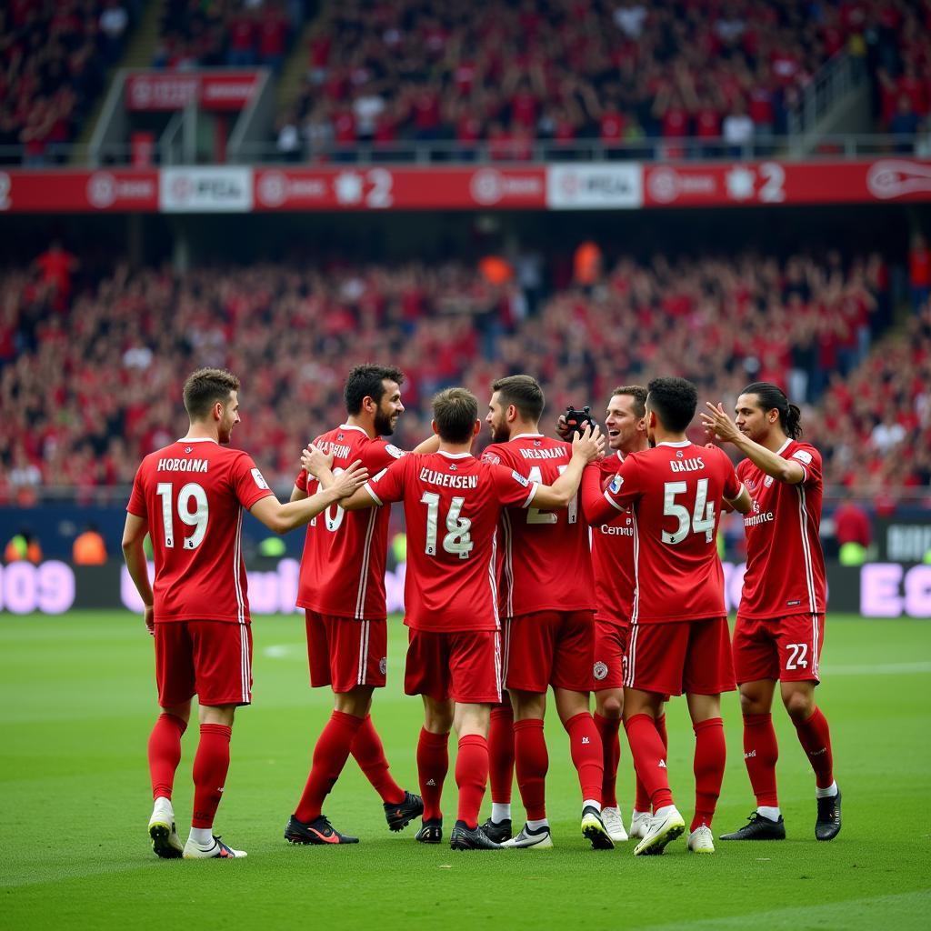 Spieler von Bayer Leverkusen feiern mit Fans