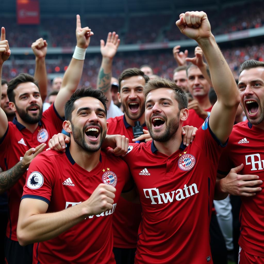 Jubelnde Bayer Leverkusen Spieler feiern mit Fans nach einem Sieg in der BayArena