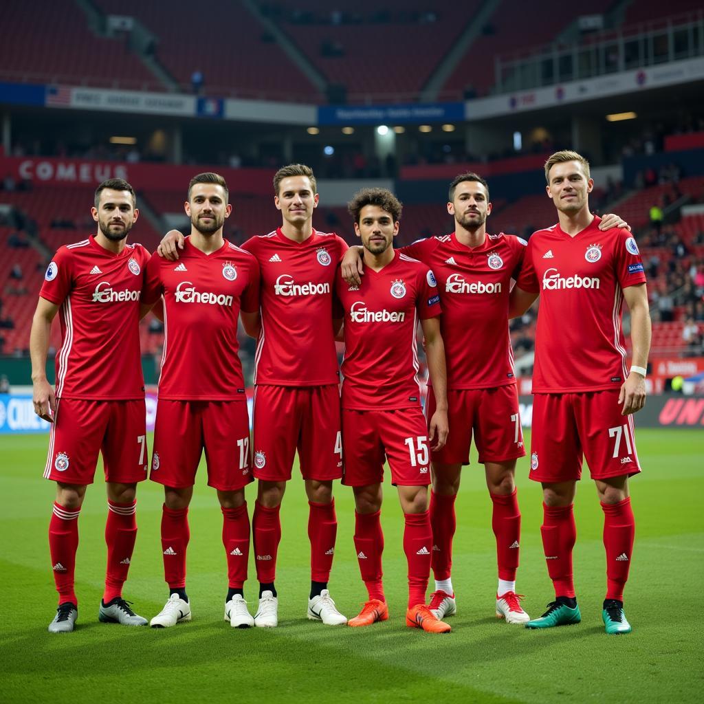 Spieler von Bayer Leverkusen präsentieren das neue Ausweichtrikot auf dem Spielfeld