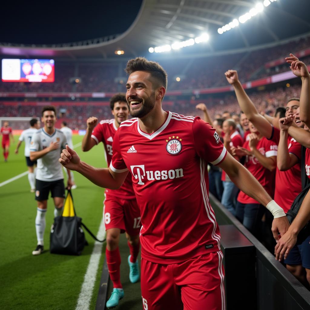 Spieler von Bayer Leverkusen jubelt mit Fans