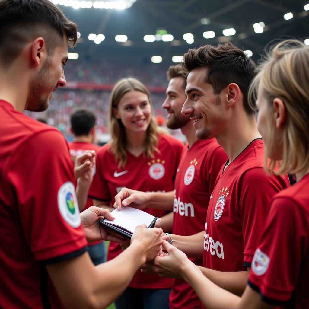 Spieler von Bayer Leverkusen mit Fans