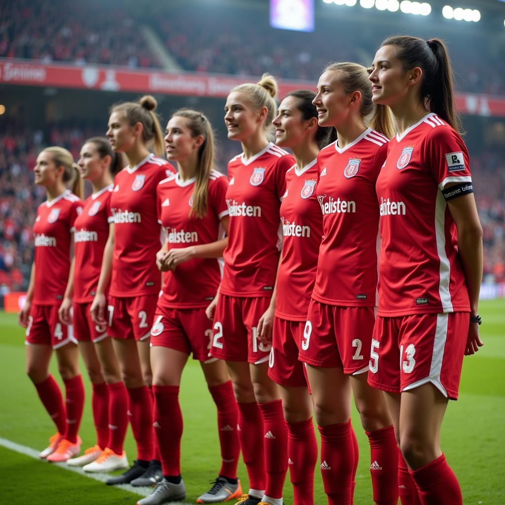 Spielerinnen Bayer Leverkusen auf dem Spielfeld.