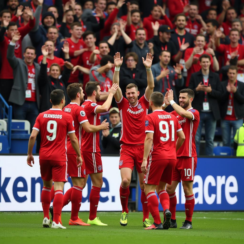 Spieler von Bayer Leverkusen feiern mit den Fans nach einem Sieg gegen Werder Bremen