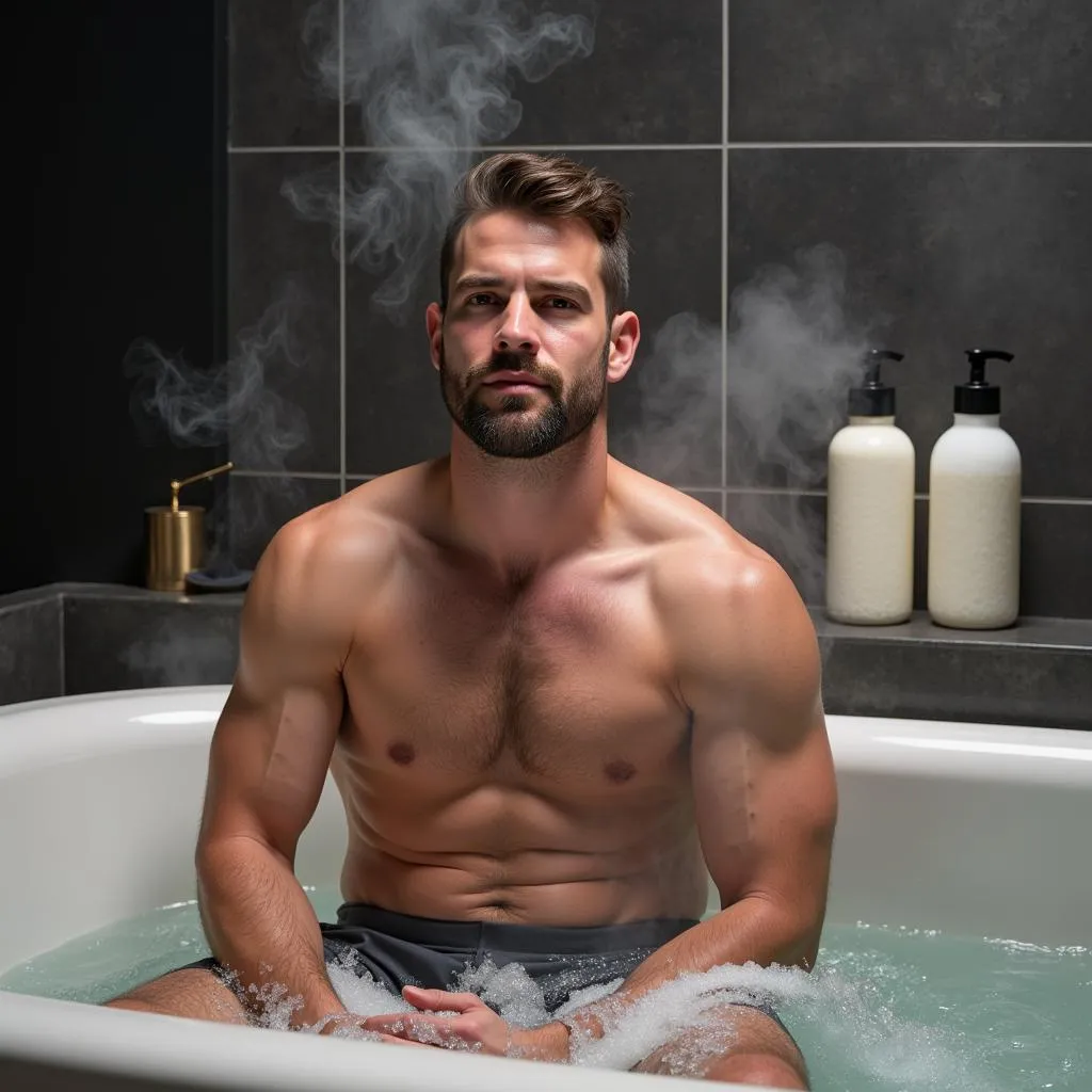 Sportler entspannt nach dem Training in der Badewanne