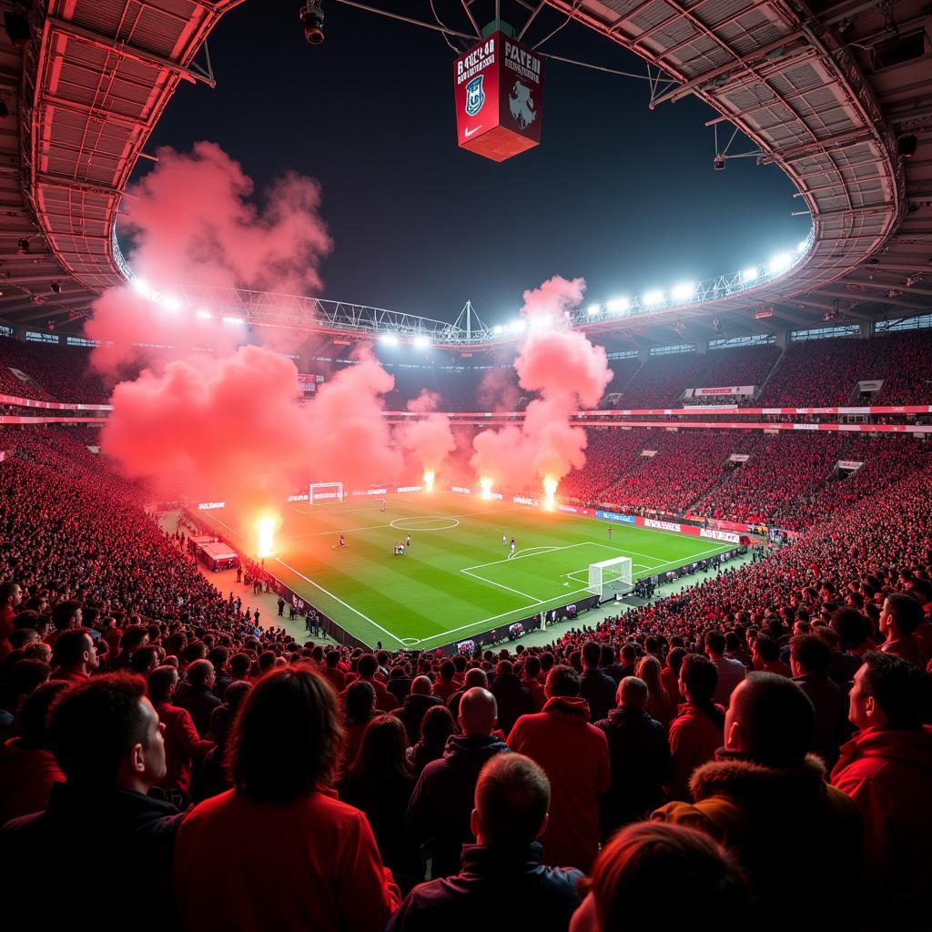 Lebendige Stadionatmosphäre bei einem Spiel von Bayer 04 Leverkusen