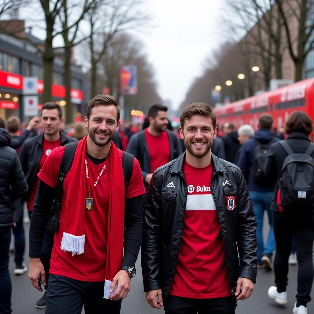 Fans von Bayer 04 Leverkusen auf dem Weg zum Stadion