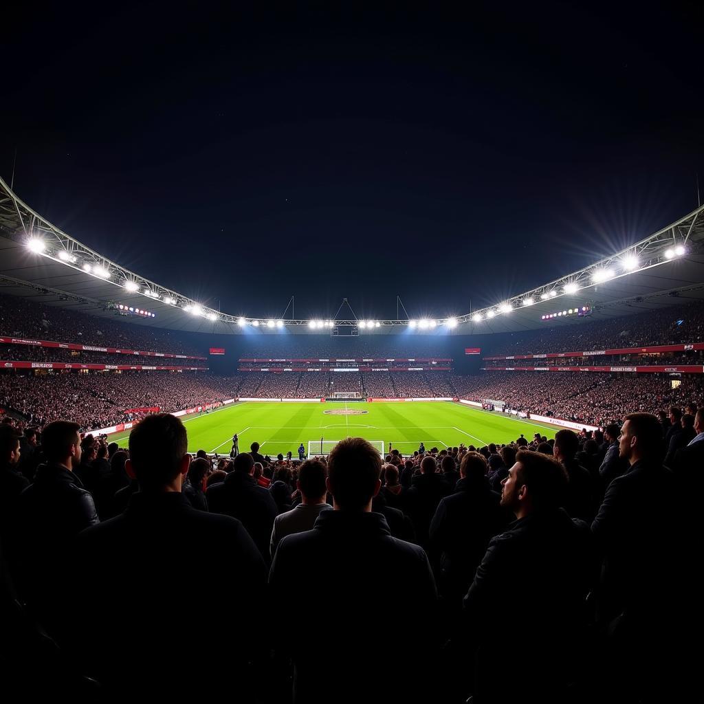 Die BayArena in Leverkusen bei Nacht mit jubelnden Fans im Hintergrund