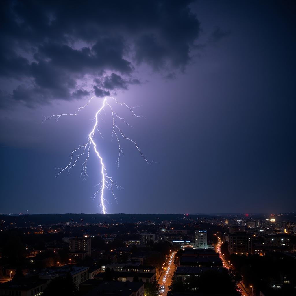 Gewitter über Leverkusen mit Blitzen, die in der Ferne einschlagen.