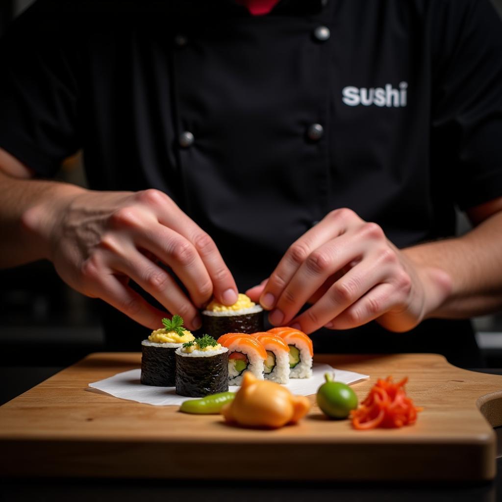 Sushi-Meister bereitet frische Sushi-Rollen zu