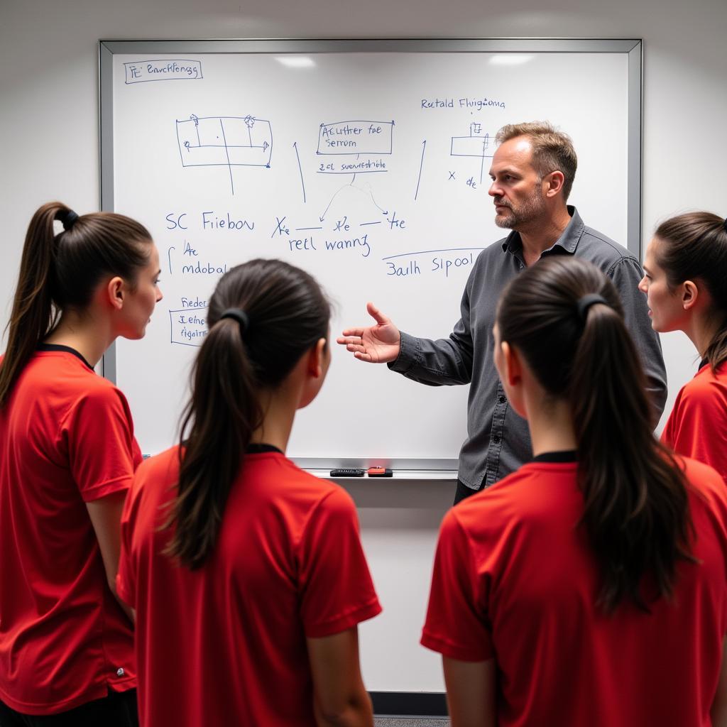 Taktikbesprechung mit Trainer Robert de Pauw vor dem Spiel Bayer Leverkusen Damen gegen Freiburg Damen am 25. August in der BayArena.