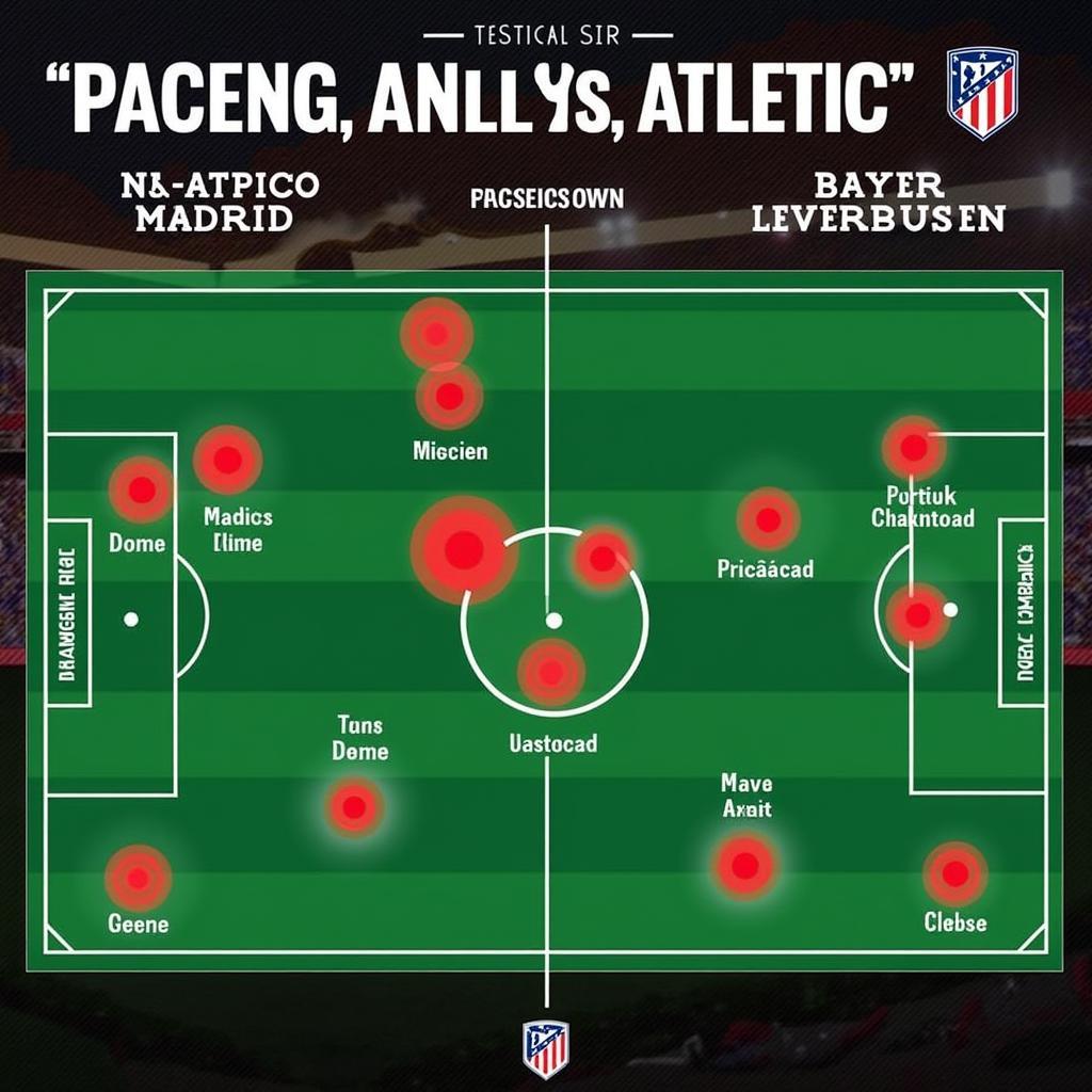 Grafische Darstellung der taktischen Analyse des Spiels Atlético Madrid gegen Bayer Leverkusen, inklusive Heatmaps und Passwegen.