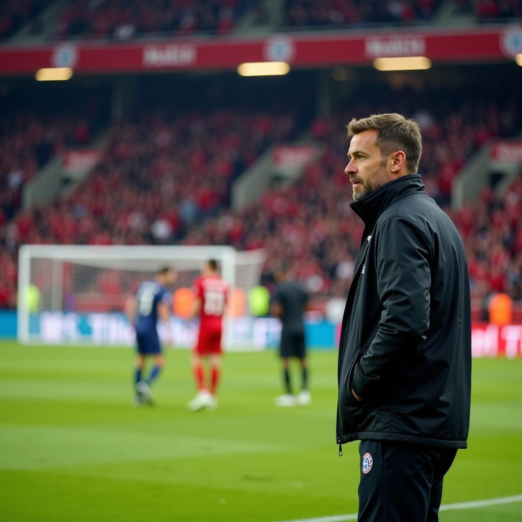 Ein Trainer gibt seinen Spielern während eines Spiels Bayern gegen Leverkusen taktische Anweisungen