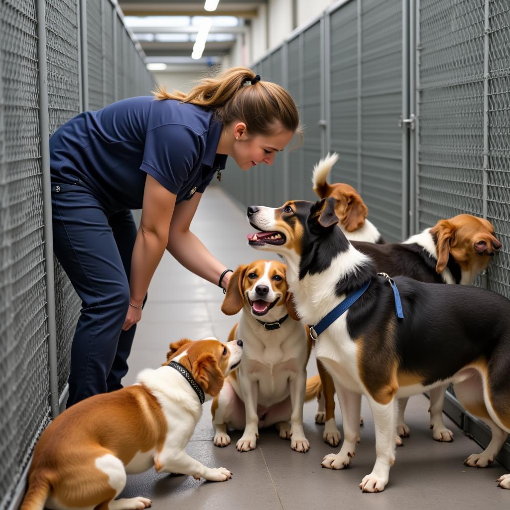 Mitarbeiter im Tierheim Leverkusen füttert Hunde