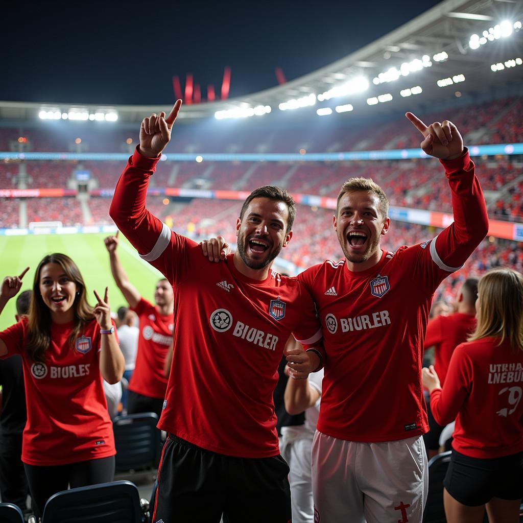 Feiernde Leverkusen-Fans nach einem Sieg gegen Bayern München