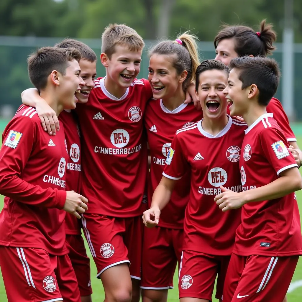 Junge Fußballer bejubeln ein Tor in der Bayer Leverkusen Fussballschule