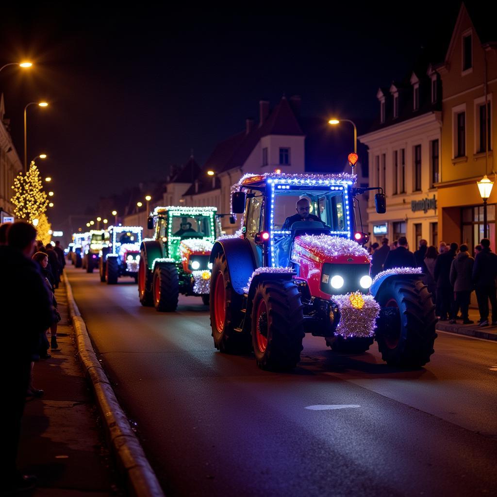 Traktor Lichterzug Leverkusen bei Nacht