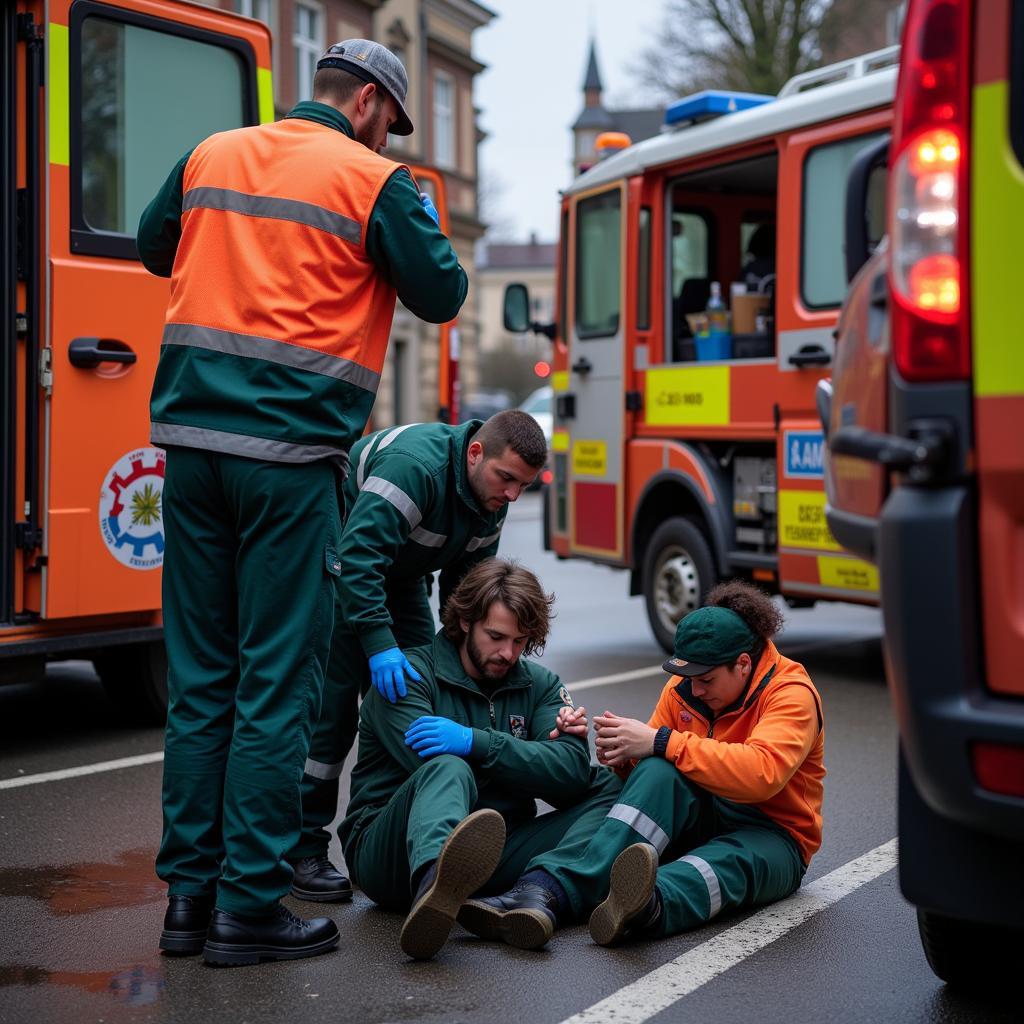 Sanitäter kümmern sich um Verletzte nach dem Unfall in Leverkusen.