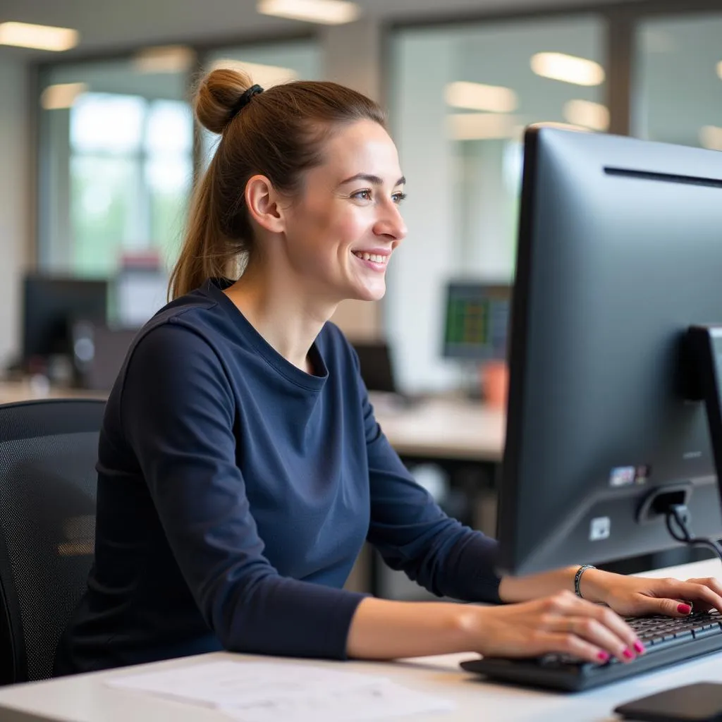 Junge Frau arbeitet am Computer im Buero der Stadt Leverkusen