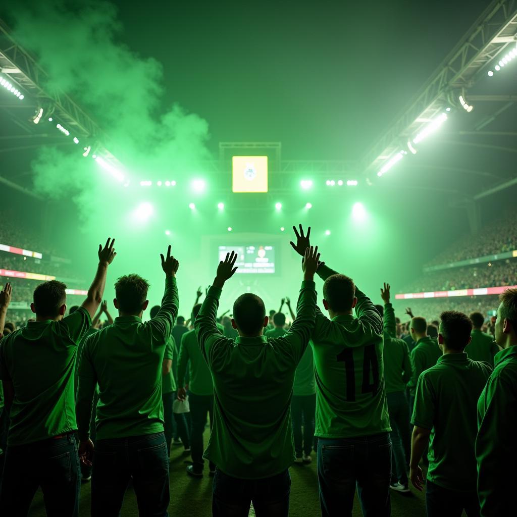 Jubelnde VfL Wolfsburg Fans nach einem Tor gegen Bayer Leverkusen