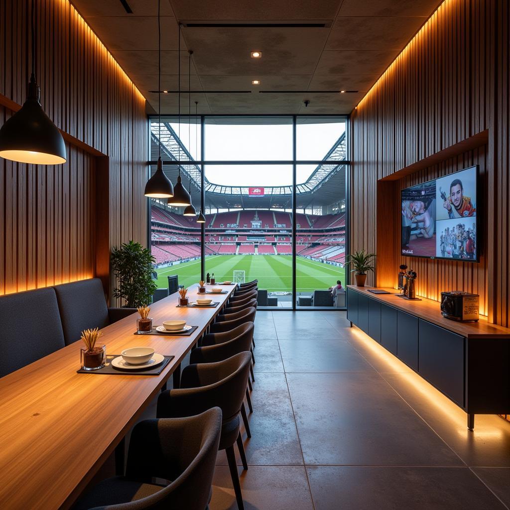 Luxuriöse VIP-Lounge in der Arena Alaaf Leverkusen mit Blick auf das Spielfeld